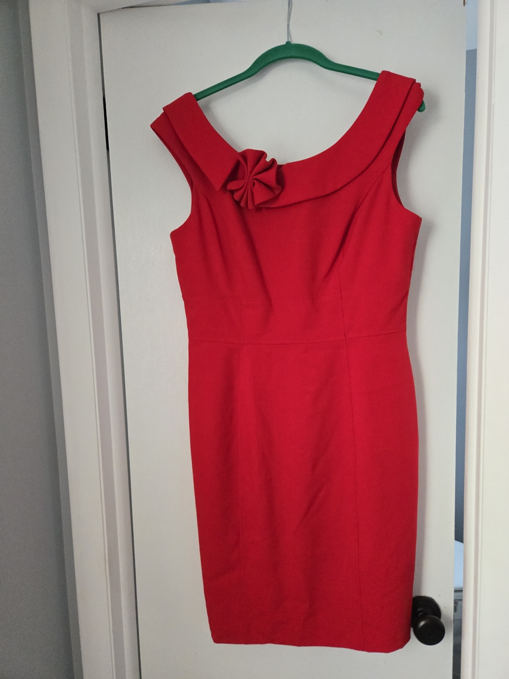 Calvin Klein Red Sheath Dress with Rosette Neckline